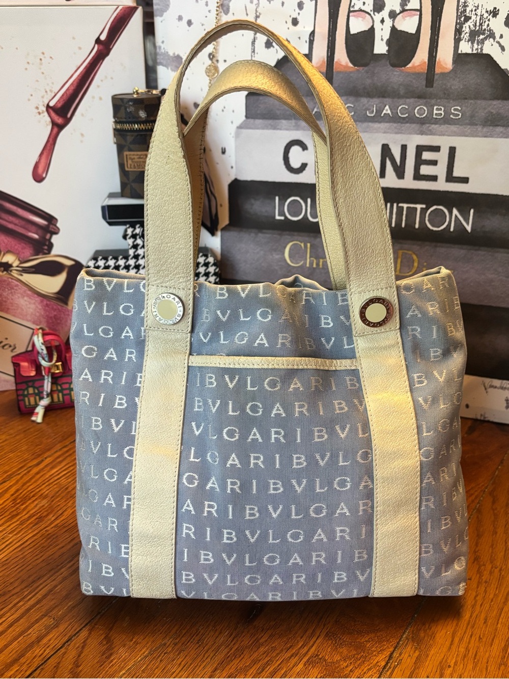BVLGARI Logo Mania Blue Jacquard Mini Tote Bag + Matching Pouch